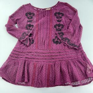 Free People FP Women's XS Plum Net Blouse Pleated Sheer Embroidered Bell Sleeve